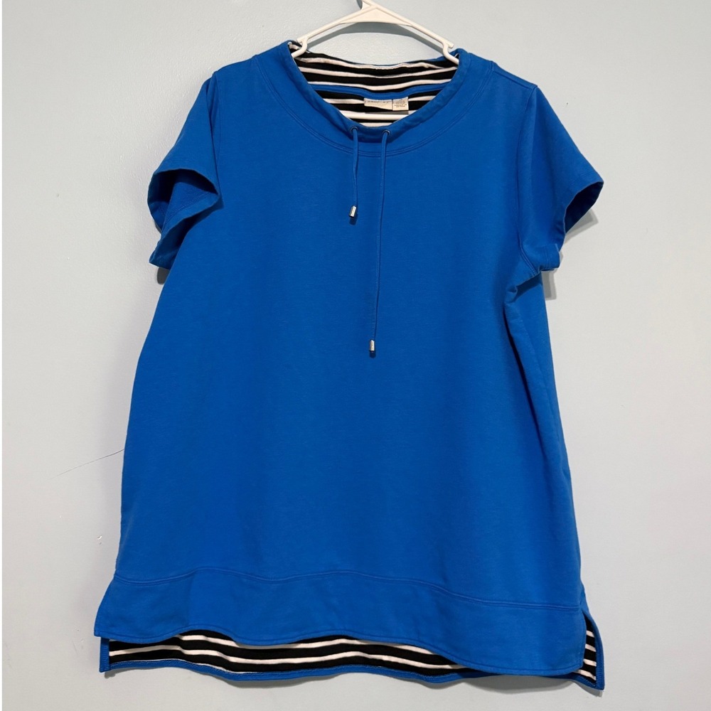 Zenergy by Chicos, Size 3 Large Blue‎ Striped Trim Layered Look Tunic Top 1745